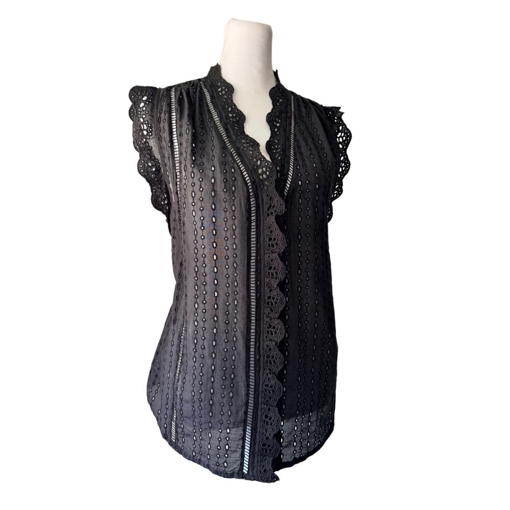 White House Black Market Sheer Black Eyelet Sleeveless Button Front Blouse